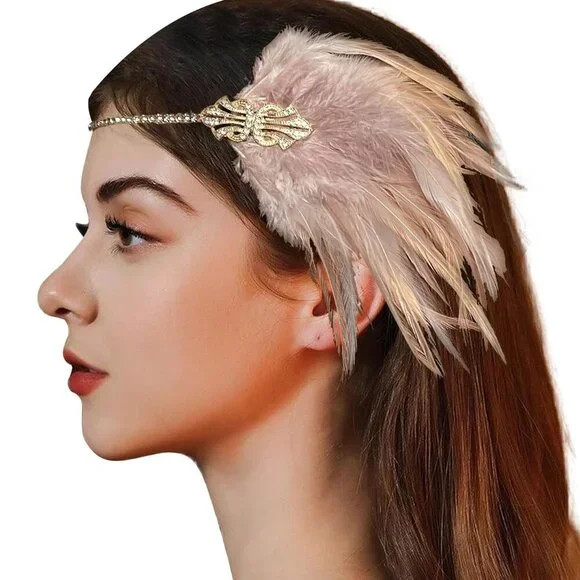 1920s Flapper Headband Pink Feathers Rhinestones Gatsby Style for Women - Picture 1 of 4
